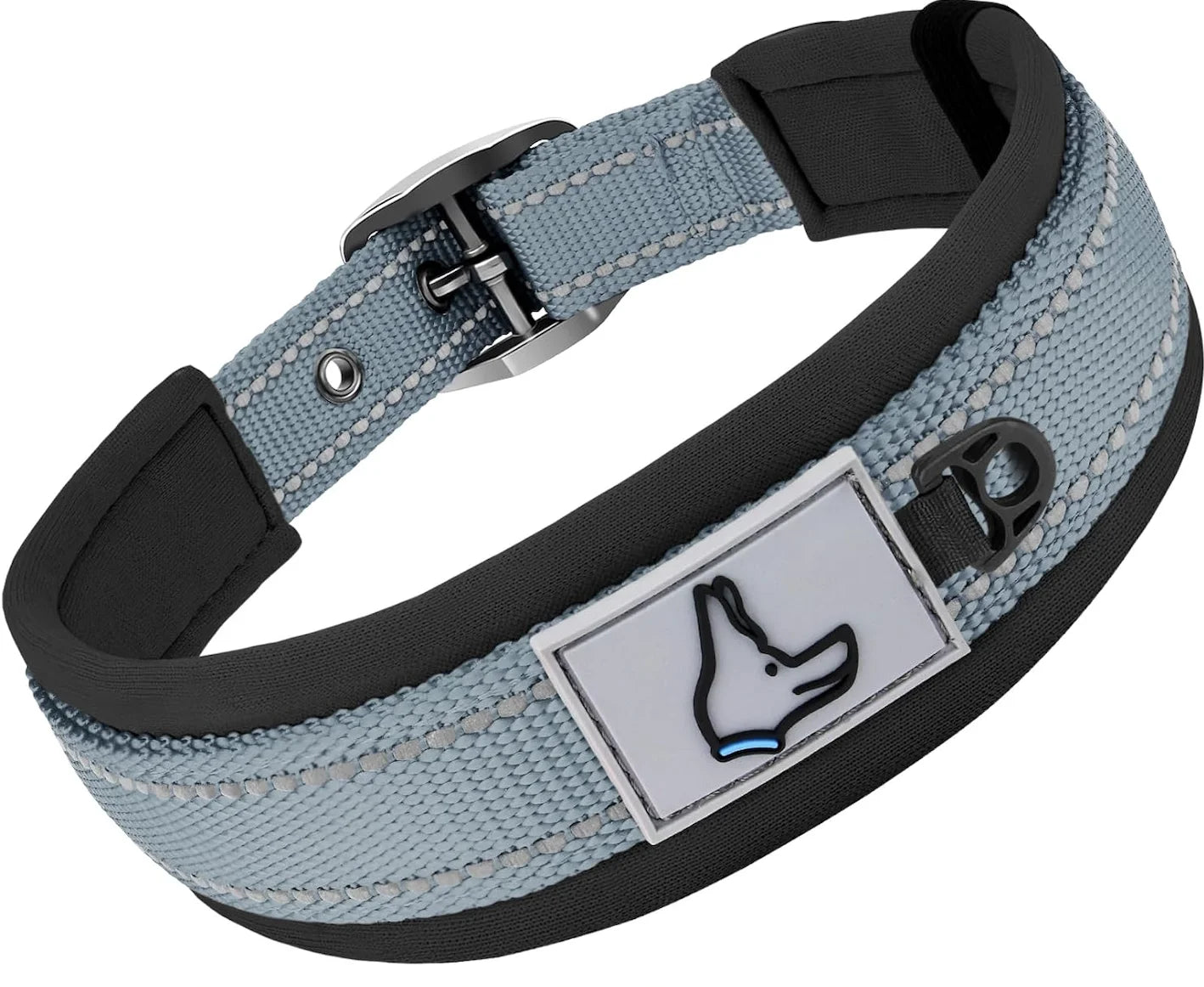 Gray dog collar with black strap and a visible brand logo on a white background