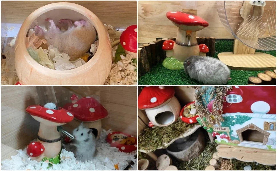 Mushroom Ceramic Hamster Hideout Water Bottle with Stand Food Bowl Hamster Accessories Golden Bear Furniture Sleephouse House