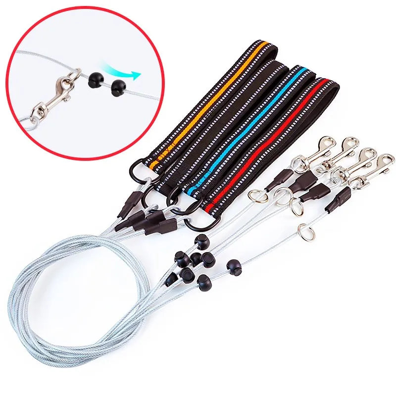 A set of four dog lead ropes with black woven straps featuring colorful stripes (yellow, orange, red, blue, and white dotted lines), silver metal snap hooks, and black beads on clear elastic cords. A circular inset diagram in the top-left corner shows how the snap hook and cord attach.