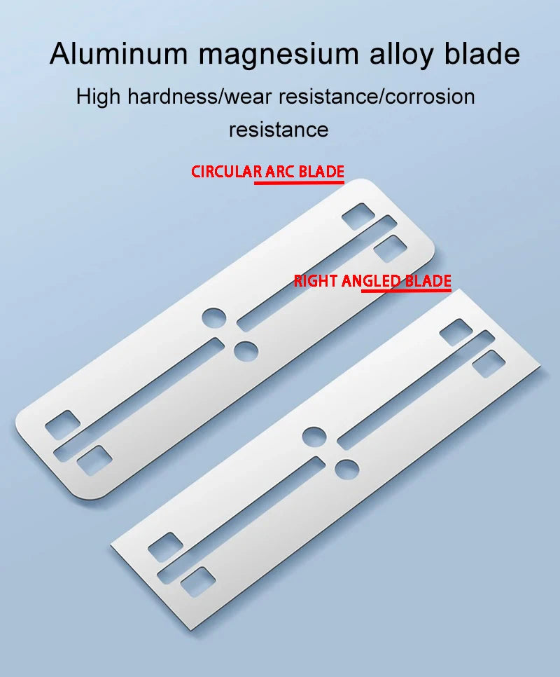 Two metal blades labeled 'Circular Arc Blade' and 'Right Angled Blade' on a light blue background with text about material properties.