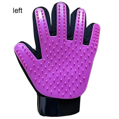 Left hand Purple grooming glove with black accents on a white background