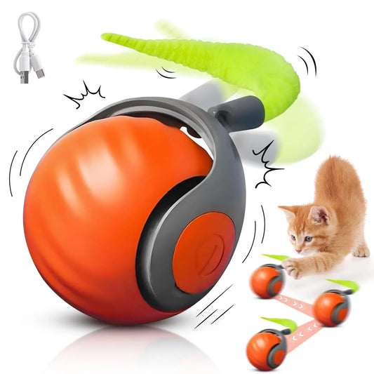 An orange and gray electronic cat toy ball with a green laser pointer tail, shown alongside a small orange kitten playing and two smaller toy balls on a white background.