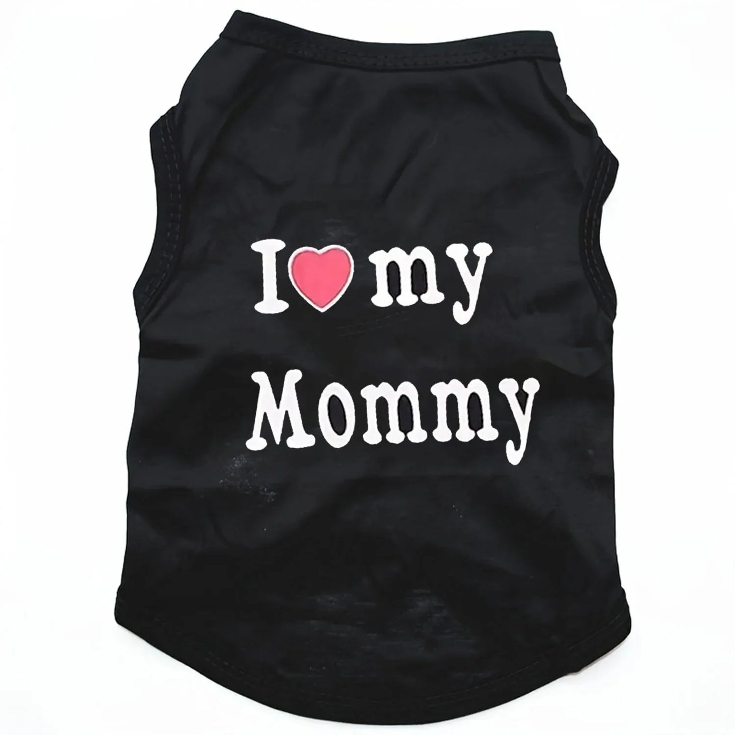 A black sleeveless pet shirt with the text 'I [pink heart] my Mommy' printed on the front in white, shown against a plain white background.