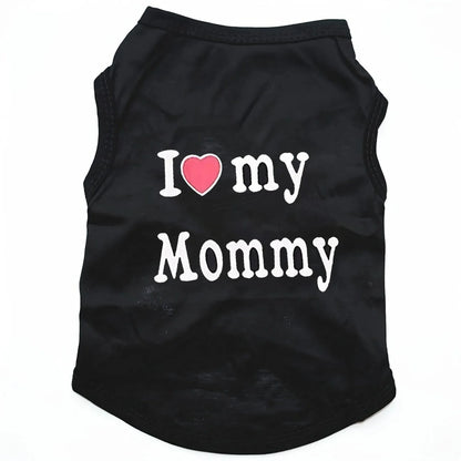 A black sleeveless pet shirt with the text 'I [pink heart] my Mommy' printed on the front in white, shown against a plain white background.