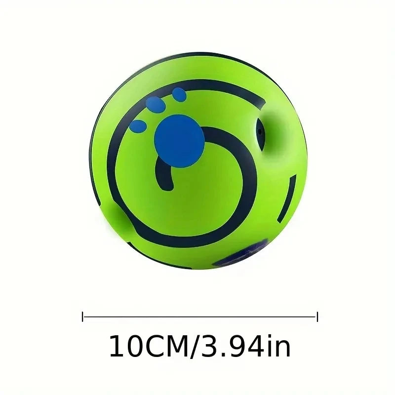 Green and black ball with blue accents and size measurement on a white background