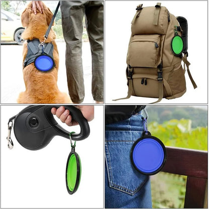 Collage of a dog leash, backpack with green disc, retractable leash, and blue disc.