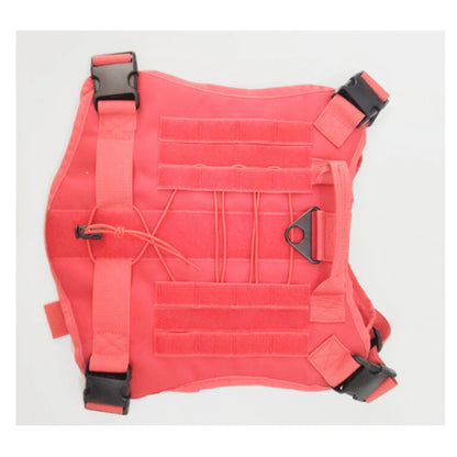 A coral red tactical vest or body armor carrier with multiple webbing loops, adjustable straps, and black plastic quick-release buckles, shown flat against a light gray background.