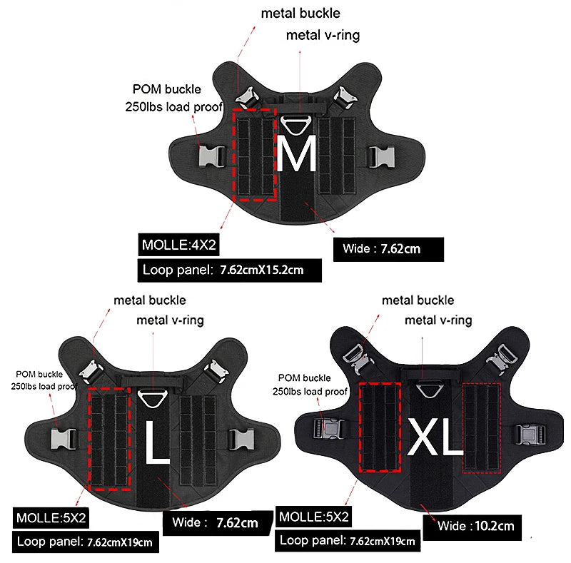 Black Molle system panels with labeled features and size options on a white background