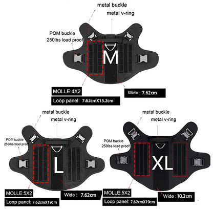 Black Molle system panels with labeled features and size options on a white background