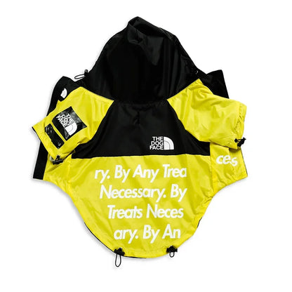 Yellow and black raincoat with text and brand logos on a white background