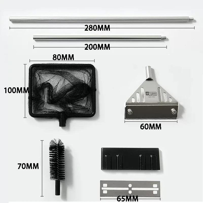 Set of cleaning tools with dimensions labeled on a white background