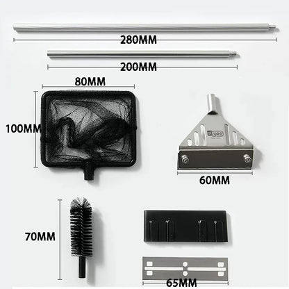 Set of cleaning tools with dimensions labeled on a white background