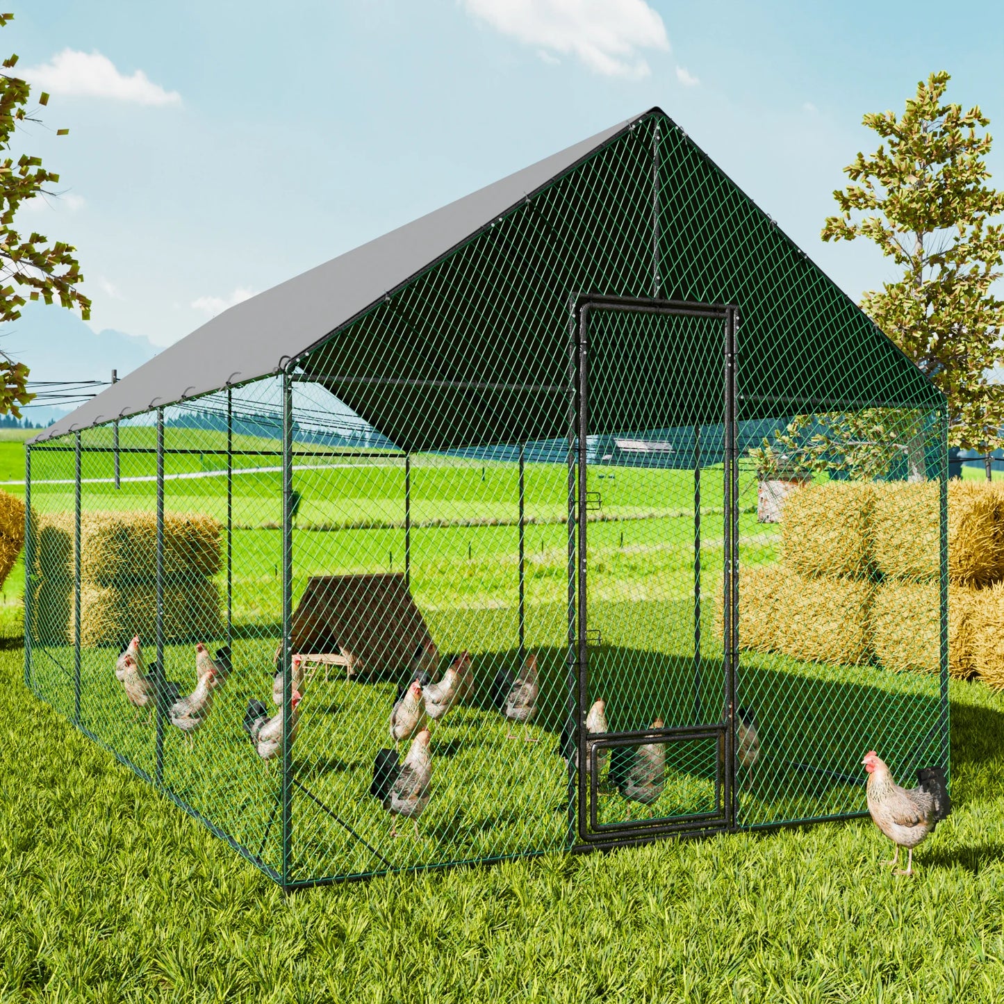 Large Upgrade Metal Chicken Coop Walk-in Poultry Run with Nylon Netting