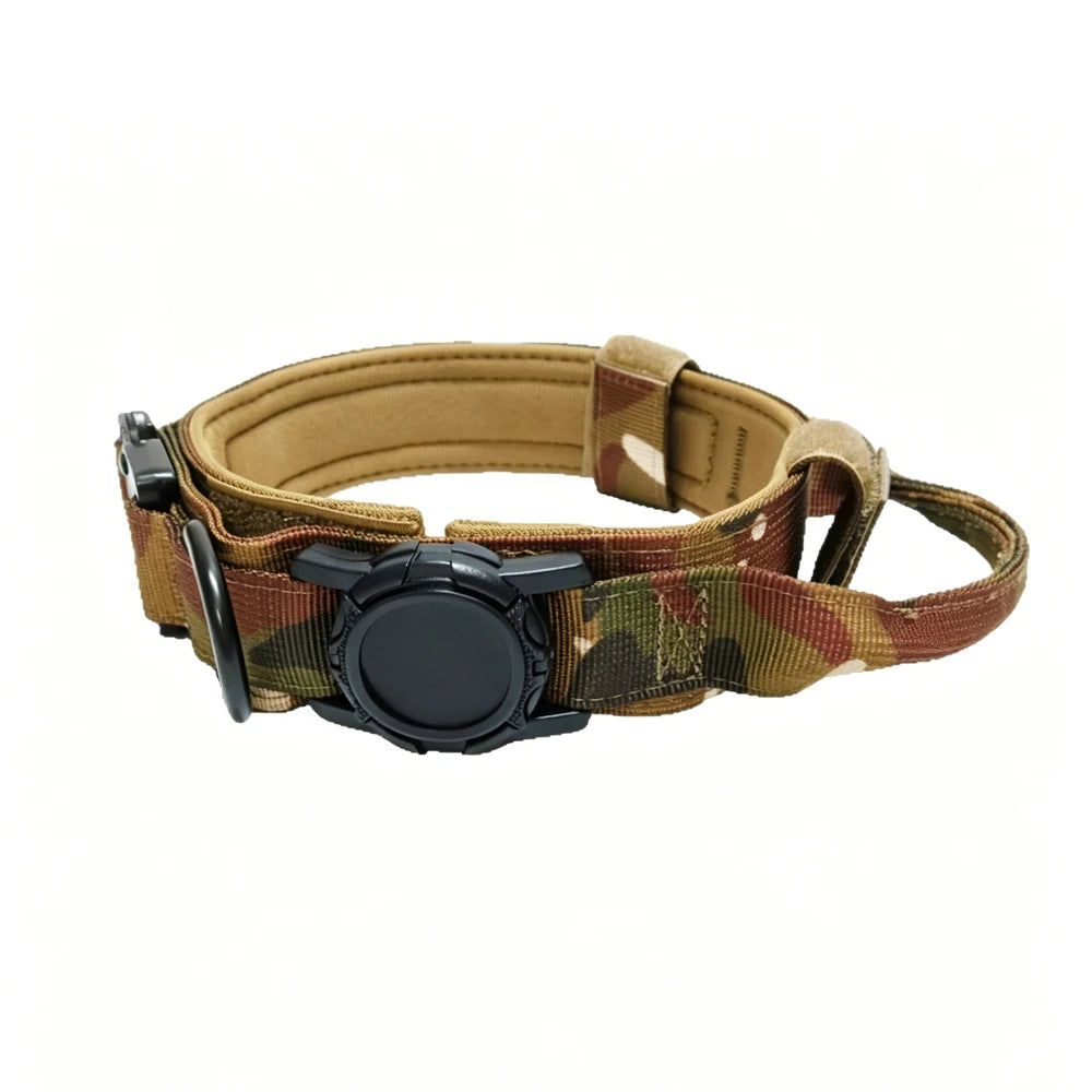 A tactical dog collar with a camouflage pattern in brown, green, and tan, featuring a black quick-release plastic buckle and a black metal ring.