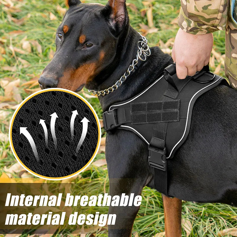 Dog wearing a black harness with internal breathable material design feature, outdoors.