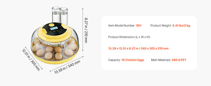 Egg Incubator with LED Candler Temperature Auto Humidity  360° View Clear Window