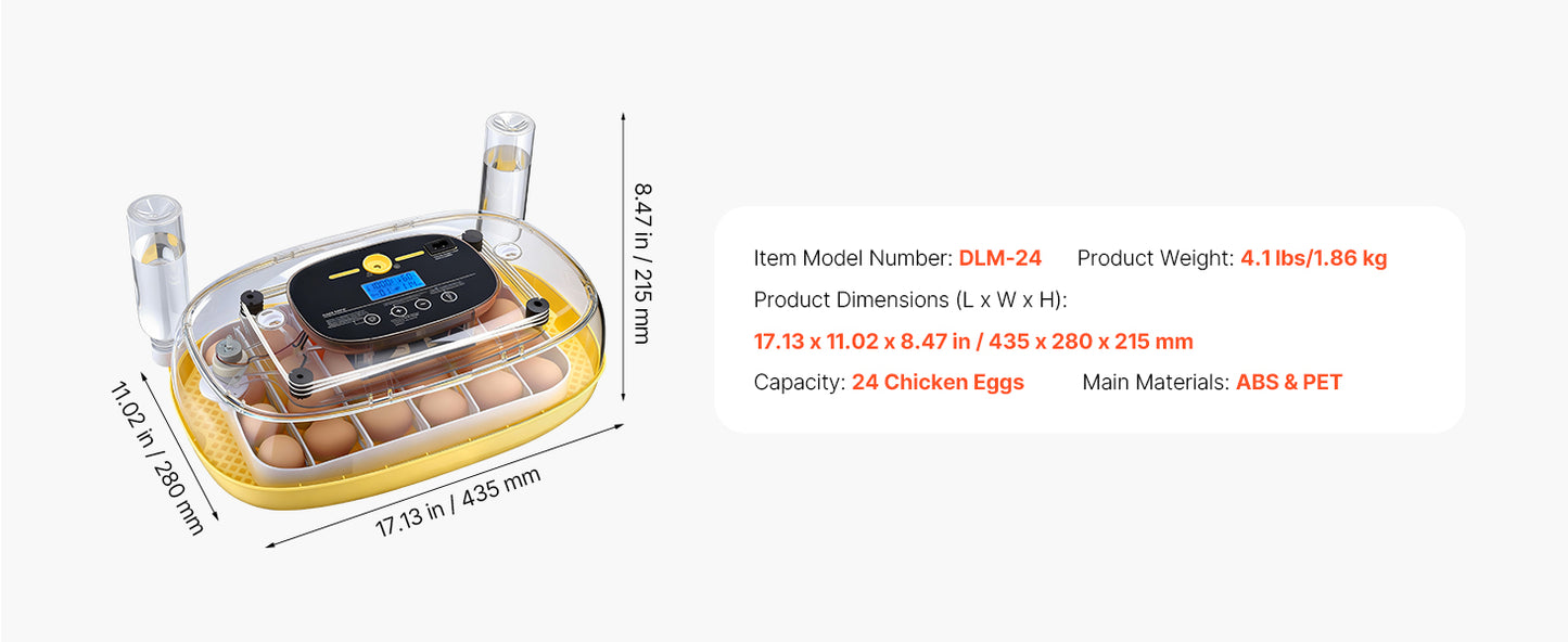Egg Incubator with LED Candler Temperature Auto Humidity  360° View Clear Window