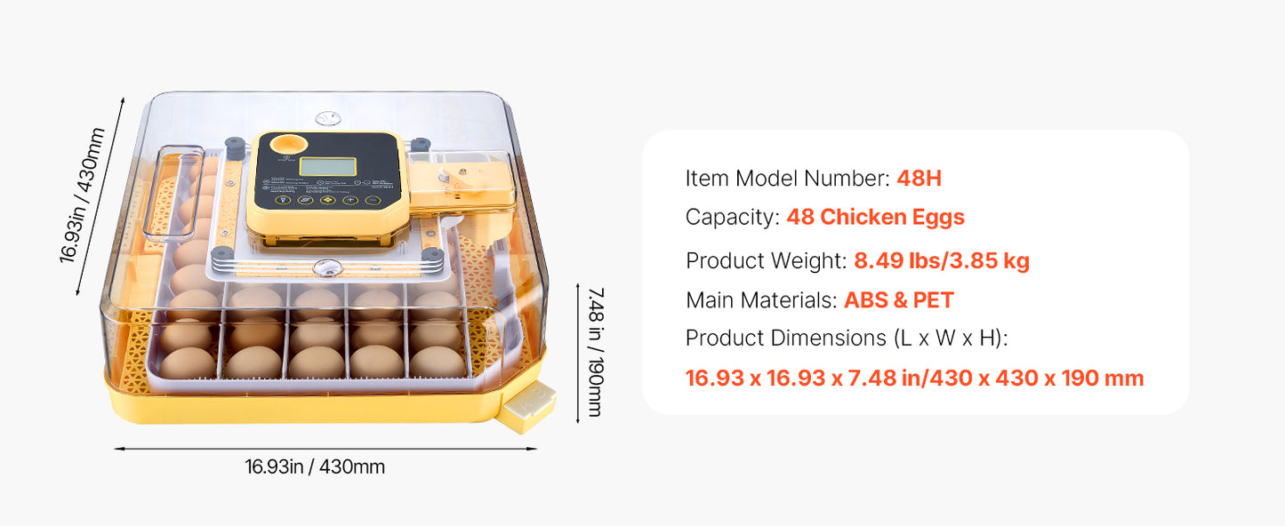 Egg Incubator with LED Candler Temperature Auto Humidity  360° View Clear Window