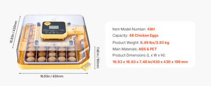 Egg Incubator with LED Candler Temperature Auto Humidity  360° View Clear Window