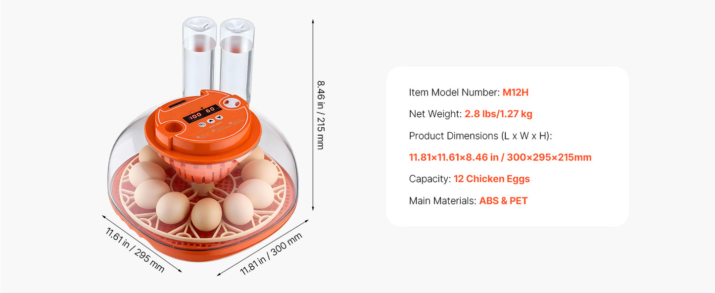 Egg Incubator with LED Candler Temperature Auto Humidity  360° View Clear Window